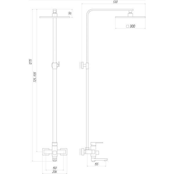 Душова система Globus Lux DS0026-Milano (Лійка Тропік300*300мм НЕРЖ) з виливом латунь Штанга 115см 9439 фото